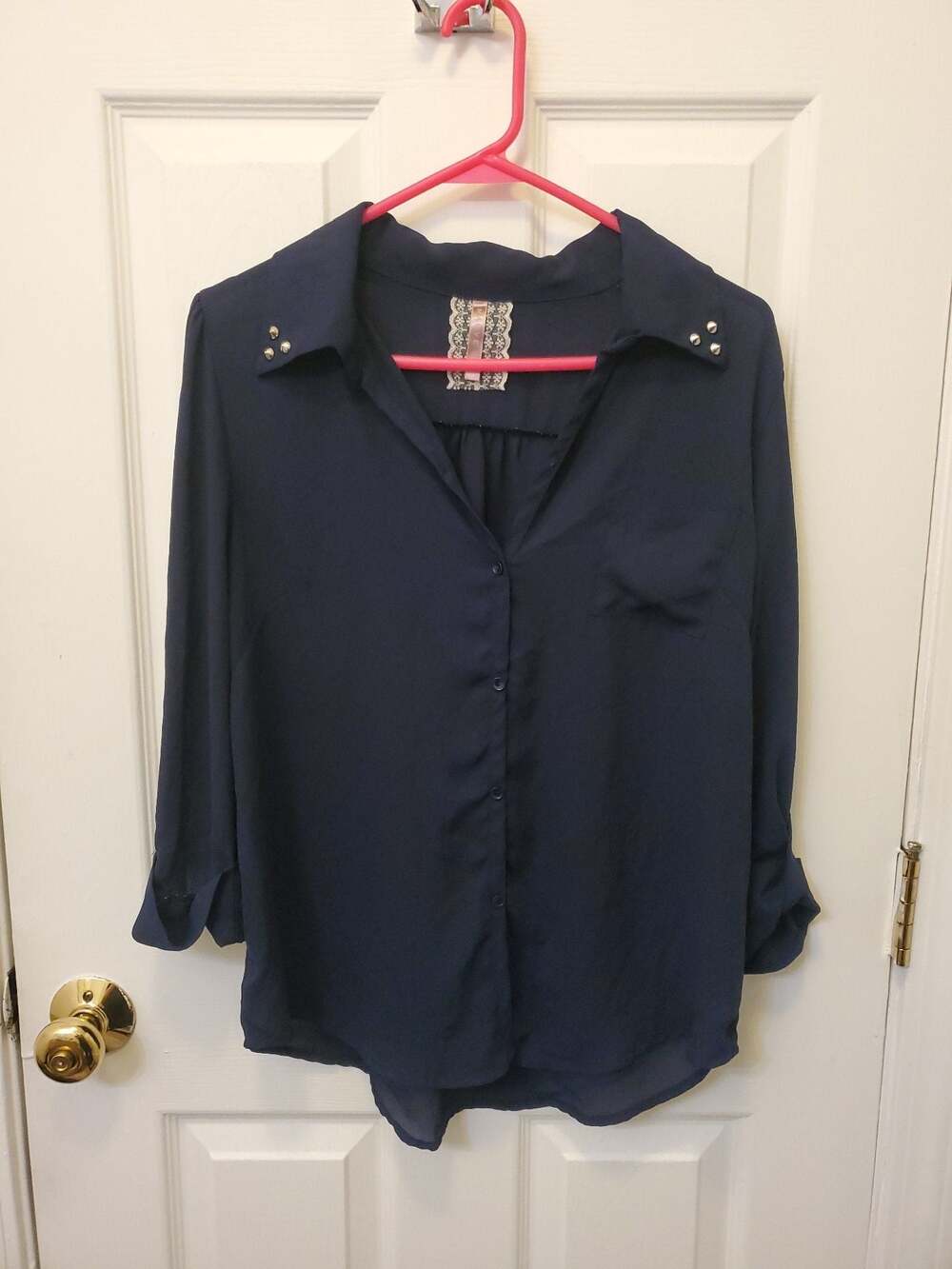 Mauve Navy Blue Button-Down Blouse with Studded Collar and Tab Sleeves